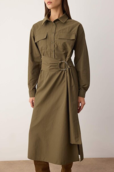 Trendyol Collection Khaki Belted A-Line Midi Woven Dress Twoaw26El00176