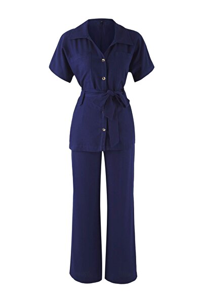 Trendyol Collection Navy Blue Belted Shirt and Wide Leg Pants Woven Bottom - Top Set Twoaw26Au00103