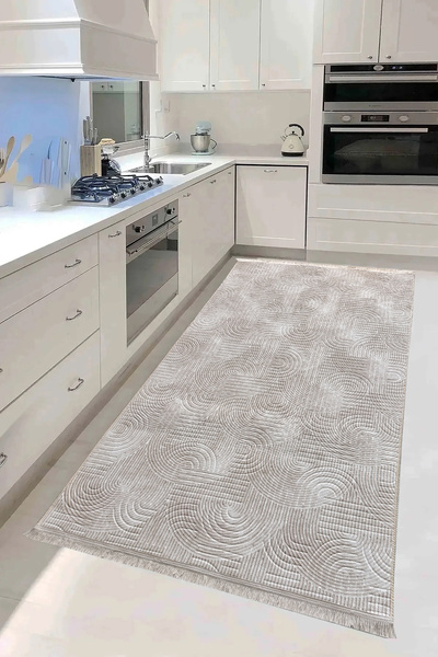 trivago halı Yıkanabilir Saçaklı Püsküllü Leke Tutmaz Kaymaz Taban Kesme Kabartmalı Salon Koridor Mutfak Halı BEJ