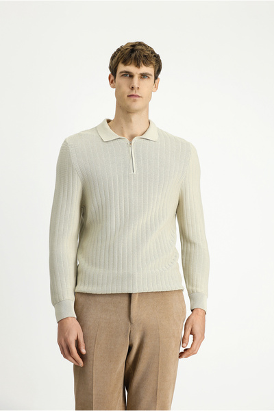 Kiğılı Regular Fit Dobby Zippered Polo Neck Cotton Knitwear Sweater