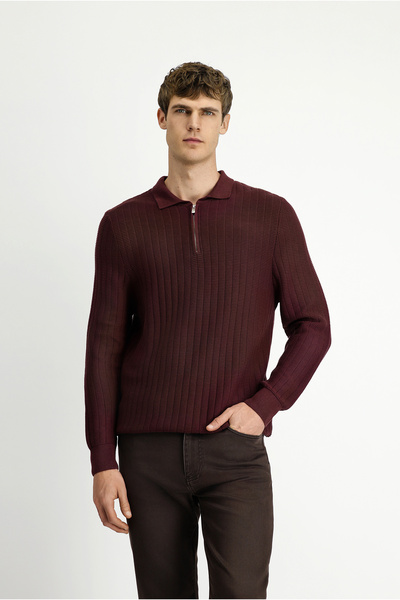 Kiğılı Regular Fit Dobby Zippered Polo Neck Cotton Knitwear Sweater