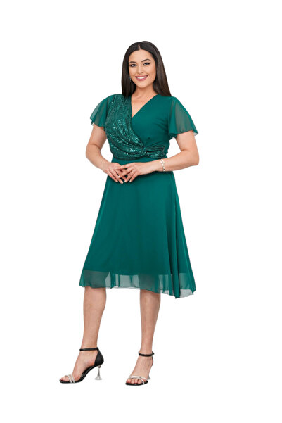 rotop Φόρεμα Georgiana, κομψό πράσινο με πούλιες και μανίκια με πέπλο – μίντι...