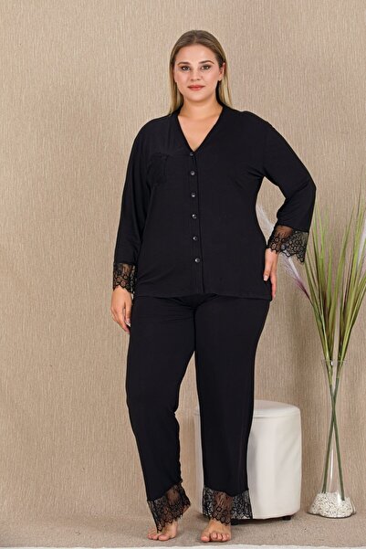 tarzımsüper Plus Size Premium Comfort Series Cotton Soft Texture Front Button Lace Luxury Pajamas Set