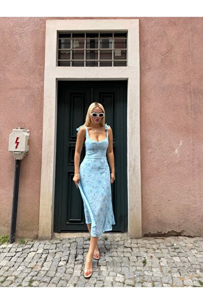 VİSKALİ Çiçek Desenli Astarlı Omuz Bağlamalı Mavi Büzgü Detaylı Elbise