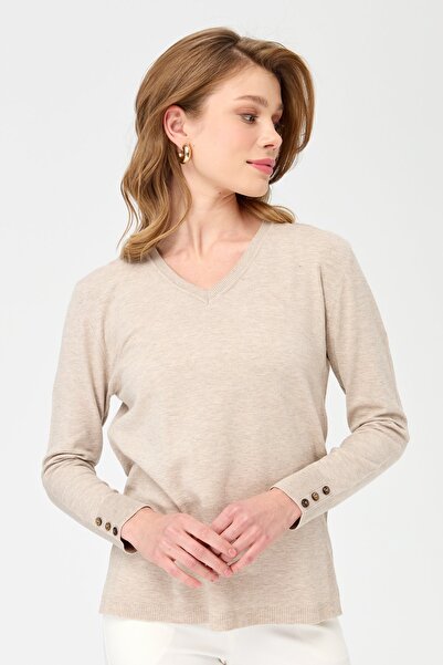 Desen Triko Women's V-Neck Sleeves Buttoned Glitter Blouse Beige