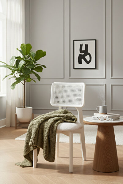 Woodenbend Mirla Lake Beyaz Hazeranlı Yuvarlak Masa Takımı 100 cm 4 Sandalyeli Modern Bohem İskandinav