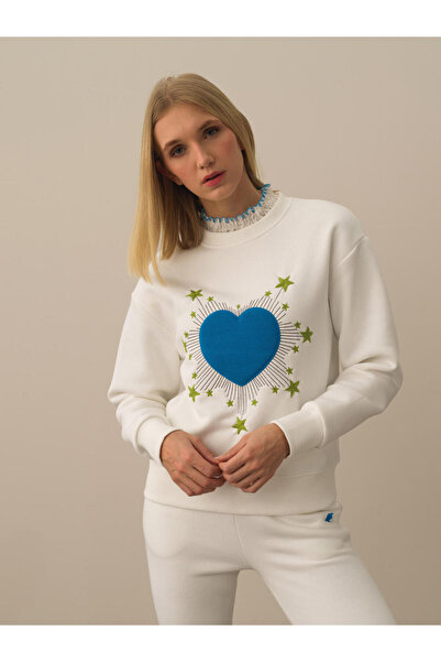 Xint Kadın Kbeyaz Pamuklu Oversize Desenli Sweatshirt