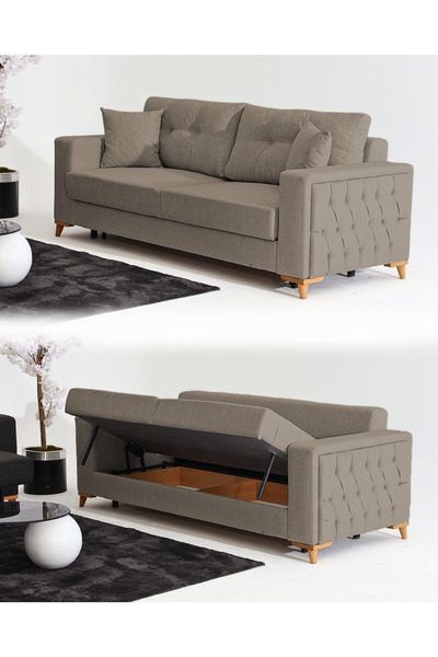 Velura Home & Living Nola Üçlü Kanepe & Bazalı Yataklı Koltuk - Keten Latte