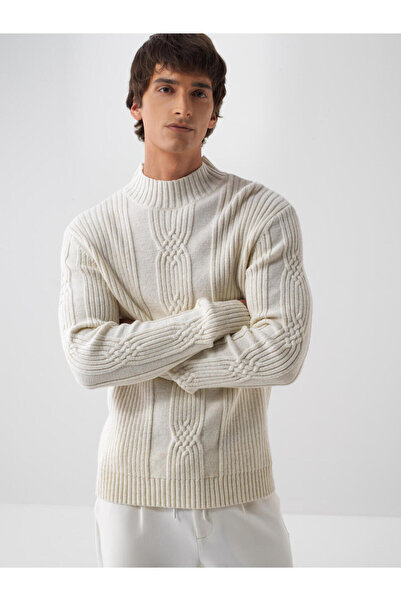 Xint Ekru Yünlü Yarım Balıkçı Yaka Kazak