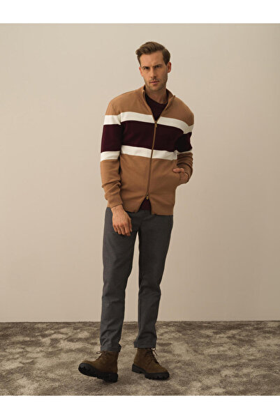 Xint Erkek Camel Regular Fit Çizgili Hırka