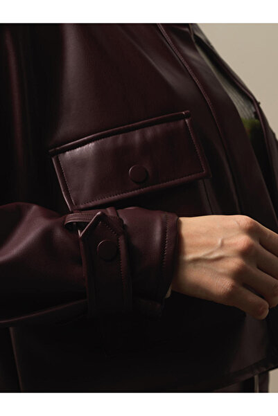 Xint Kadın Bordo Deri Görünümlü Oversize Ceket