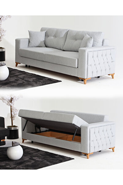 Velura Home & Living Nola Üçlü Kanepe & Bazalı Yataklı Koltuk - Keten Gri