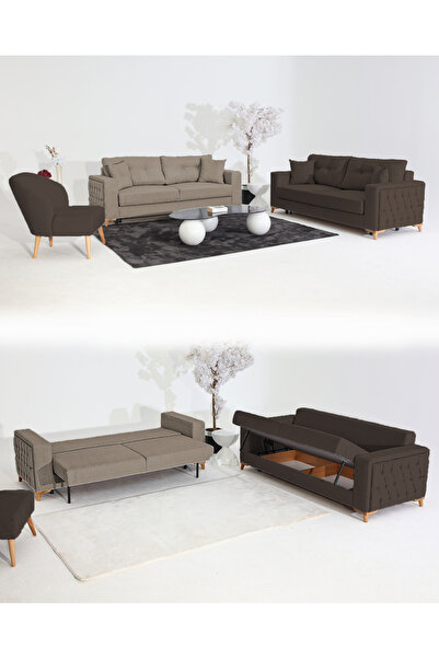 Velura Home & Living Nola Koltuk Takımı 3+3+1 & Bazalı Yataklı Koltuk & Kanep...