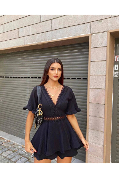 VİSKALİ Dantel Detaylı V Yaka Şort Tulum