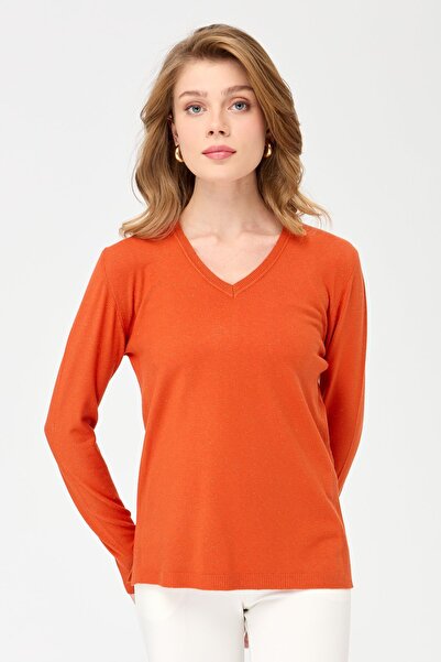 Desen Triko Γυναικεία μπλούζα με λαιμόκοψη V με κουμπιά πορτοκαλί