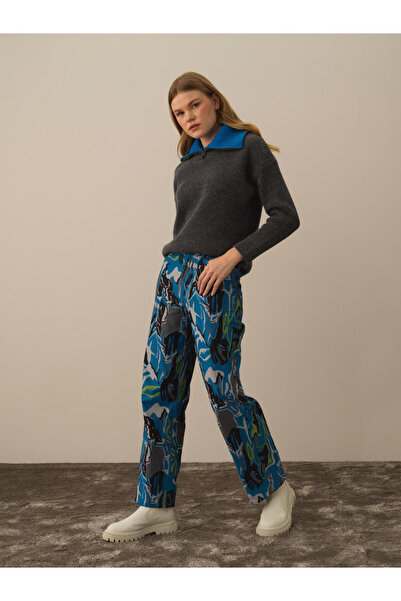 Xint Kadın Mavi Regular Fit Pano Baskı Pantolon