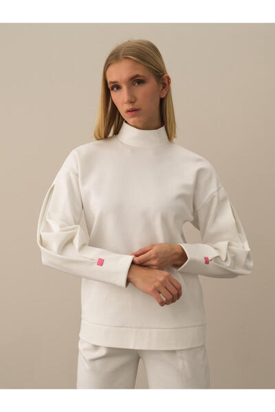 Xint Kadın Kırık Beyaz Pamuk Dokulu Oversize Sweatshirt