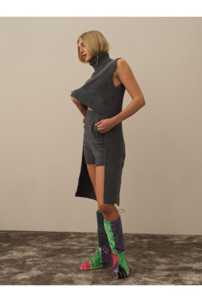 Xint Kadın Kgri Yüksel Bel Regular Fit Yün Triko Şort