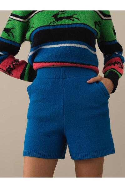 Xint Kadın Mavi Regular Fit Yünlü Triko Şort