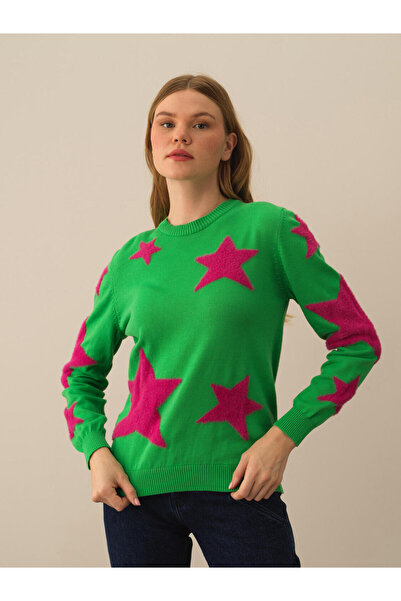 Xint Kadın Yeşil Pamuk Dokulu Regular Fit Kazak