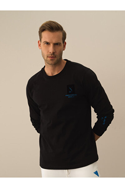 Xint Erkek Siyah Pamuk Dokulu Regular Fit Uzun Kollu Tişört