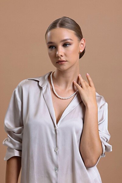 Birinci1926 14 Ayar Altın Kadın 7 Mm Sıralı Inci Kolye Küpe Ikili Set