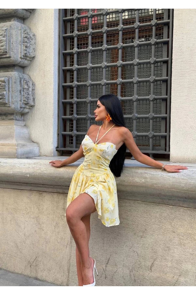 VİSKALİ Kadın Çiçek Desenli Büstiyer Detaylı Halter Sarı Mini Elbise