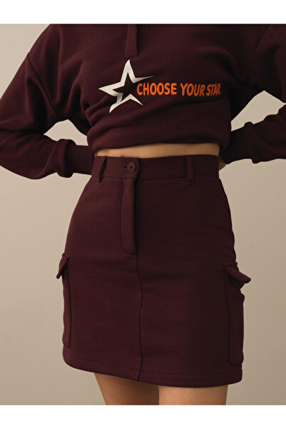 Xint Kadın Bordo Pamuklu Regular Fit Etek