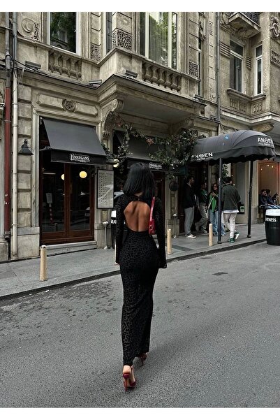 VİSKALİ Kadın Flok Baskılı Sırt Dekolteli Uzun Kollu Maxi Boy Siyah Elbise