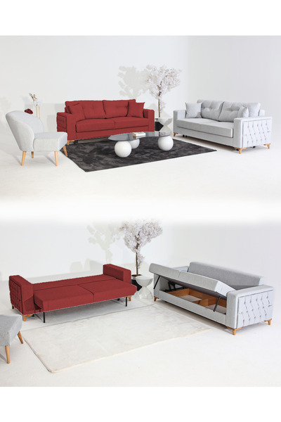 Velura Home & Living Nola Koltuk Takımı 3+3+1 & Bazalı Yataklı Koltuk & Kanep...