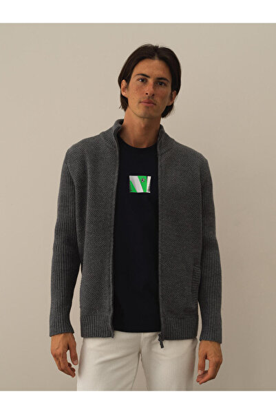 Xint Erkek Koyu Gri Doğal Yün Dokulu Regular Fit Hırka