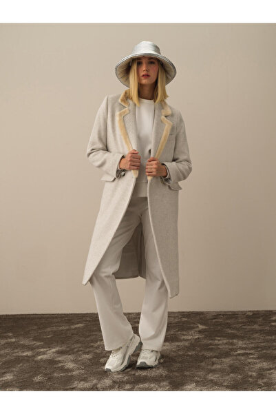 Xint Kadın Kbeyaz Pamuk Yün Karışımlı Oversize Kaban
