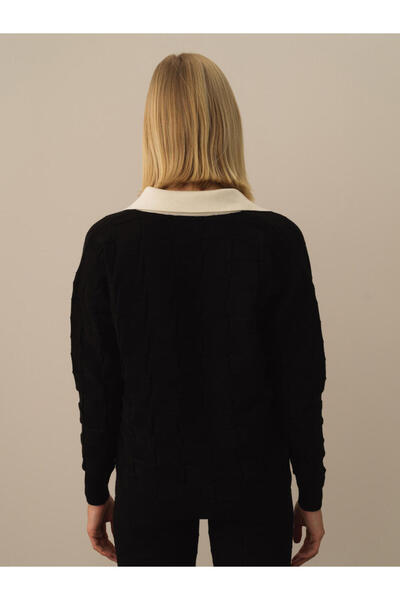 Xint Kadın Siyah Polo Yaka Oversize Kazak