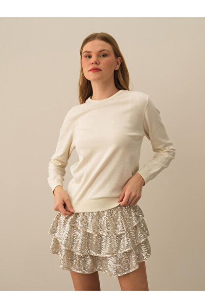 Xint Kadın Kırık Beyaz Pamuk Dokulu Regular Fit Kazak