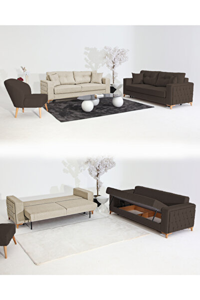 Velura Home & Living Nola Koltuk Takımı 3+3+1 & Bazalı Yataklı Koltuk & Kanep...