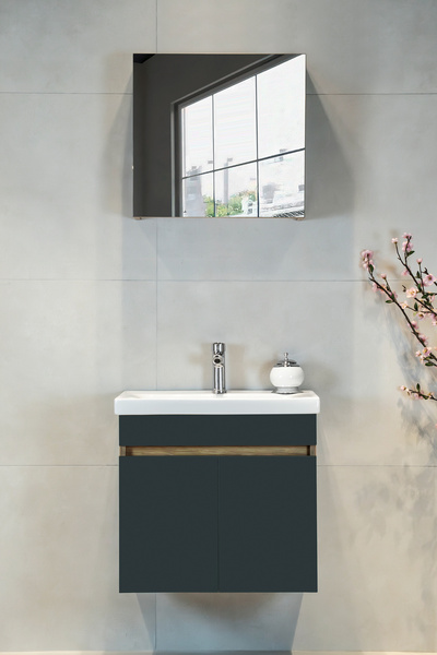 viesta banyo Star Banyo Dolabı Seti ( 60 Cm Egzotik Meşe & Koyu Gri Aynalı Lavabolu Mdf )