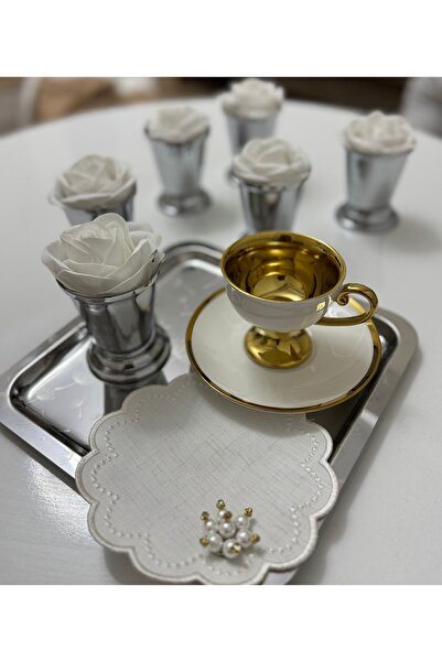 SEVA ÇELİK Decorative Silver Plated 6 Pieces Rose Bowl Includes White Roses