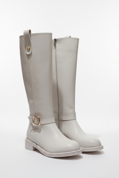 muhhu moda Casual Leather Flat Sole Boots with Buckle Detail