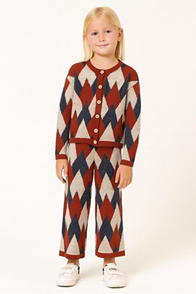 Minora Girl's Knitwear Baklava Pattern Cardigan Trousers Set