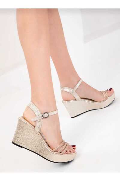 AYDOĞDU by ünal Gold Stone Wedge Sole Women's Heeled Shoes - 540