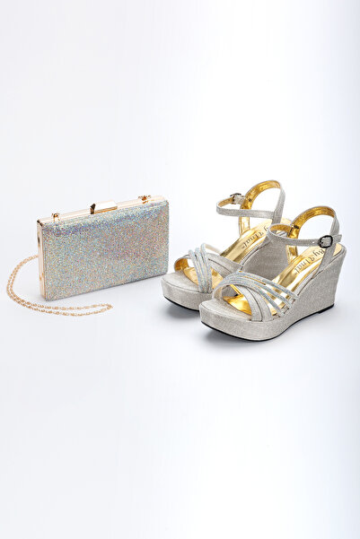 DYG STORE Gold Stone Stylish Wedge Heel Women's Shoes and Bag Combination