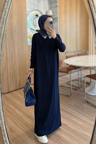 Ka Hijab Long Mercerized Dress with Stone Collar - Navy Blue