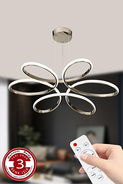 RANSOM 3 Renk Kumandalı Büyük Salon & Oda Avizesi Topsuz Papatya Krom Ledli Avize