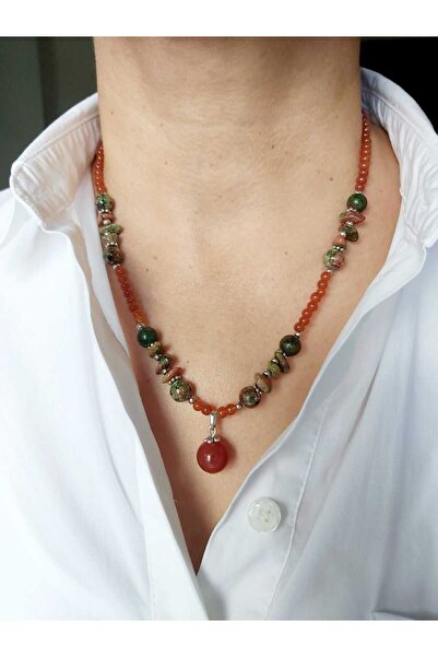 DEVİ fashion Akik Doğal Taş Özel Tasarım Kolye 47 Cm