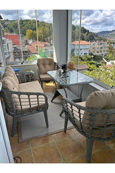 Tu Tienda KARTEPE ALÜMİNYUM 2 1 1 RATTAN BAHÇE BALKON TAKIMI,BEJ KUMAŞ/GRİ RATTAN ÖRGÜ