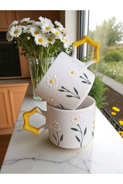 Simge Seramik Set of 2 Handcrafted Daisy Garden Embroidered Natural Ceramic Mug Mug Tea / Cappuccino Cup