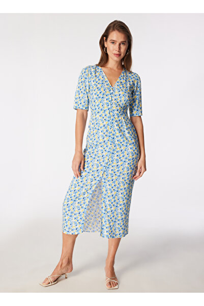 People By Fabrika V Yaka Desenli Sarı - Mavi Midi Kadın Elbise SPBF4SL-ELB5509