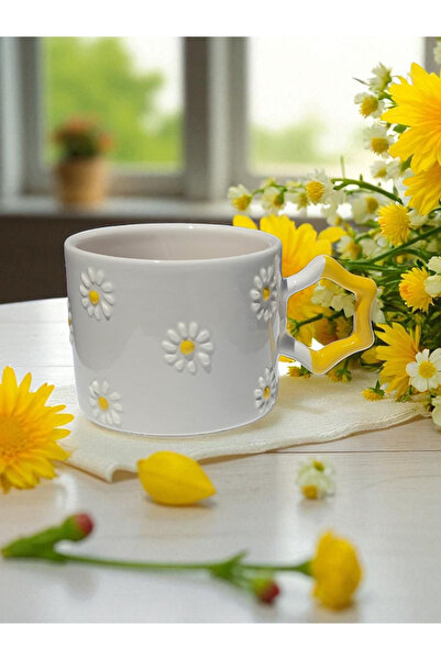 Simge Seramik Papatya Kabartma Desenli El Işi Doğal Seramik Mug Kupa Çay / Cappuccino Fincanı