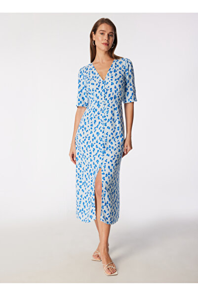 People By Fabrika V Yaka Desenli Mavi Midi Kadın Elbise SPBF4SL-ELB5508