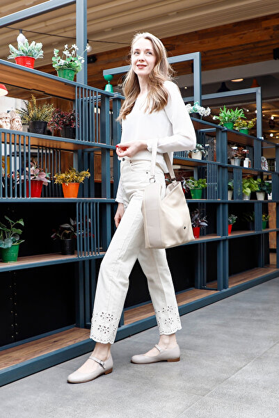 GÖNDERİ(R) Women's Beige Ankle Strap Genuine Leather Ballerinas